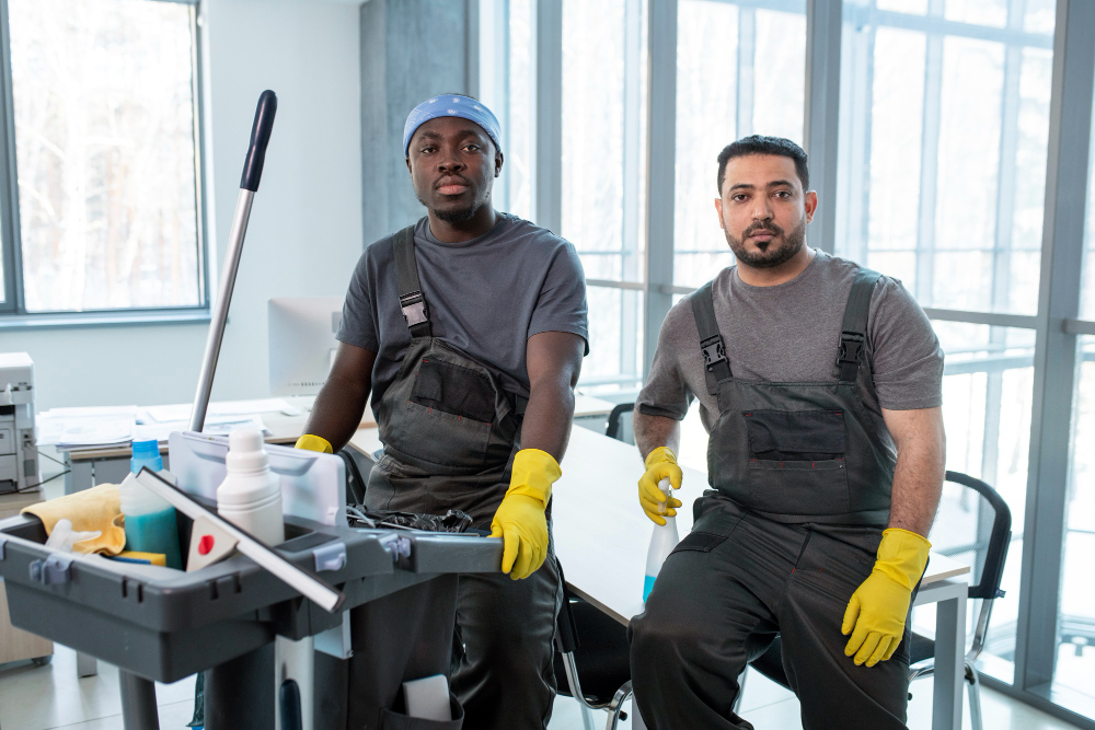workers with cleaning cart